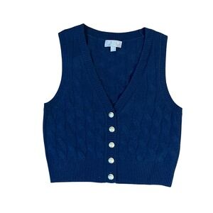 J Crew Navy Cable Knit Cashmere V Neck Button Front Sweater Vest, Size XS
